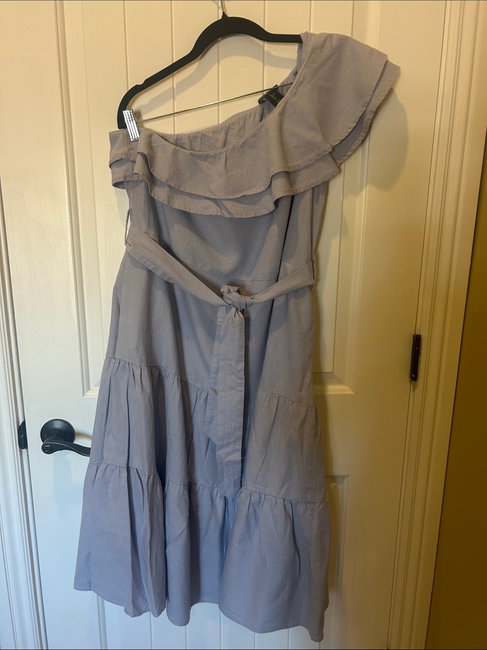 One-Shoulder Ruffle Tiered Midi Dress - Light Blue w/pockets.